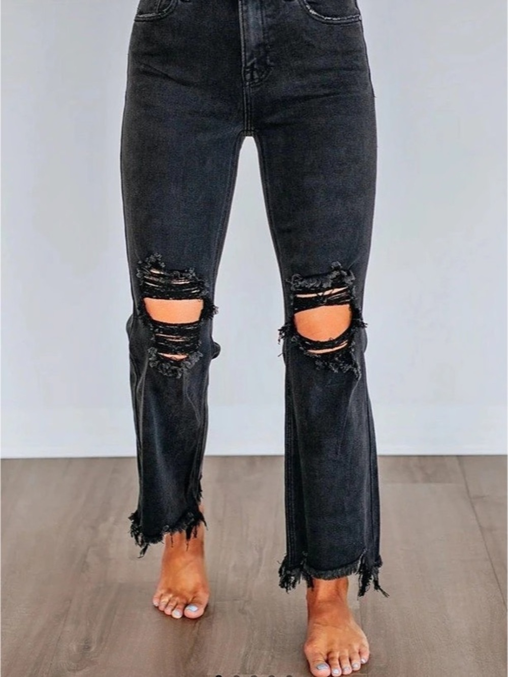 Wild Oak Boutique Risen Distressed Wide Leg Jeans Black Waist 27